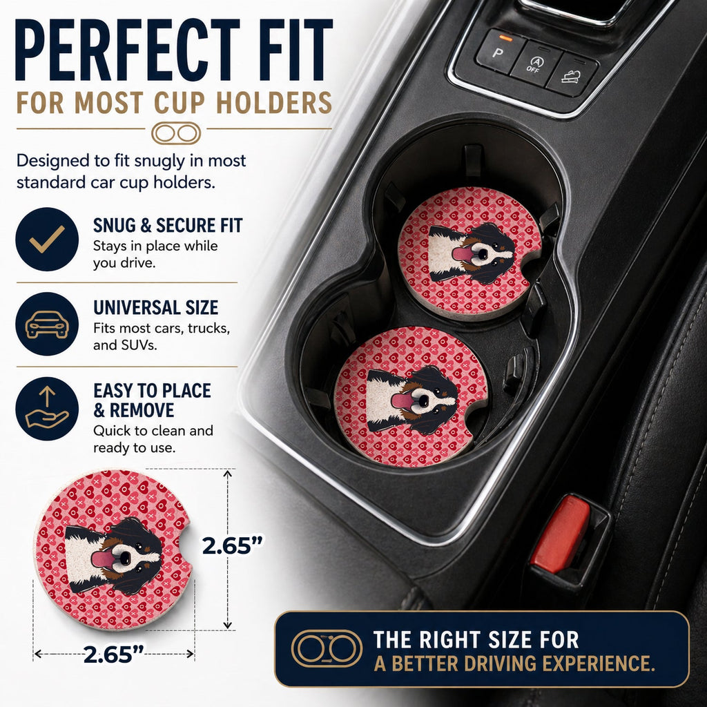 Bernese Mountain Dog Set of 2 Cup Holder Car Coasters Absorbent Round Sandstone Coasters Gifts for Men or Women, 2.5, Multicolor