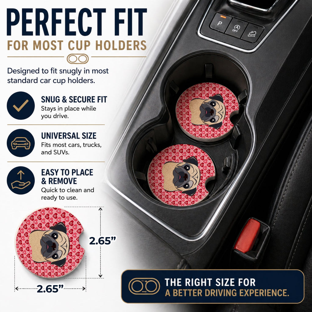 Fawn Pug Set of 2 Cup Holder Car Coasters Absorbent Round Sandstone Coasters Gifts for Men or Women, 2.5, Multicolor