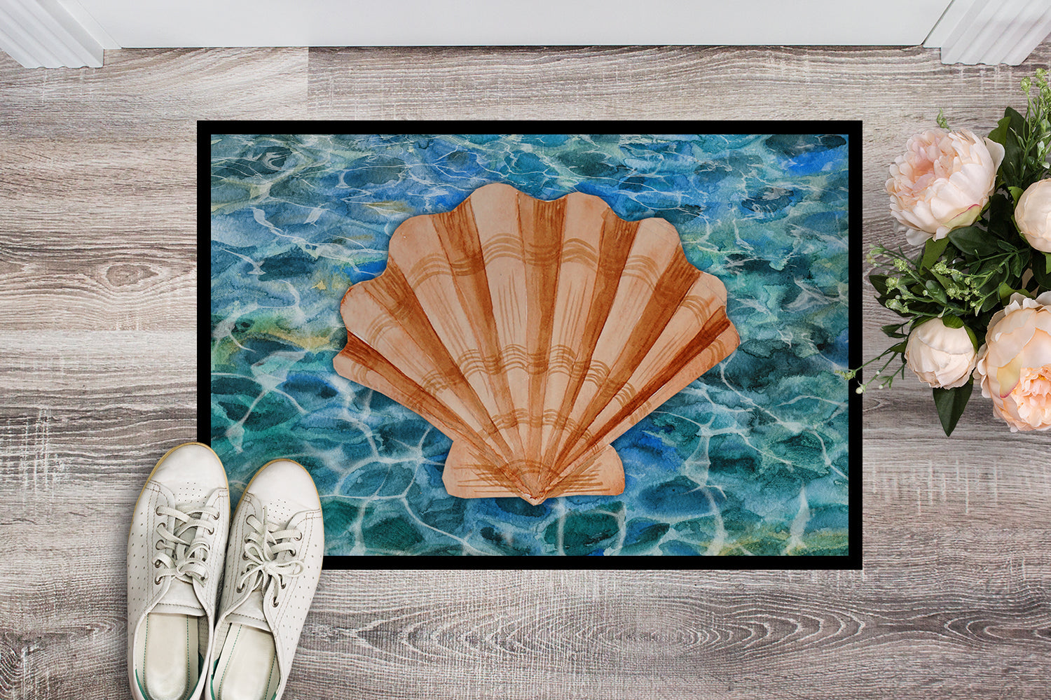 Scallop Shell and Water Doormat Indoor Outdoor 18H X 27W Front Door Mat Rugs for Entryway, Non Slip Washable