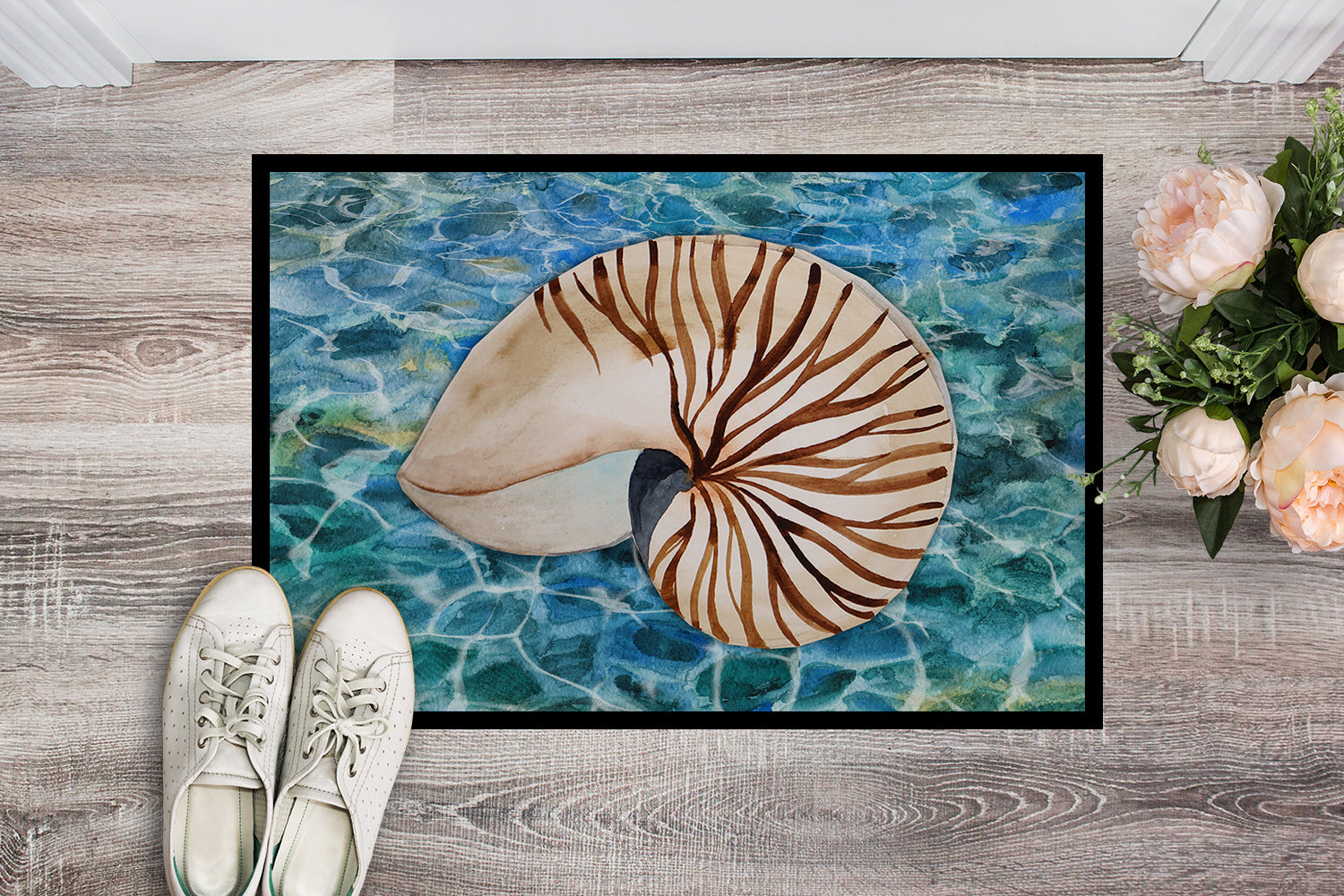 Sea Shell and Water Doormat Indoor Outdoor 24H X 36W Front Door Mat Rugs for Entryway, Non Slip Washable Low Pile,