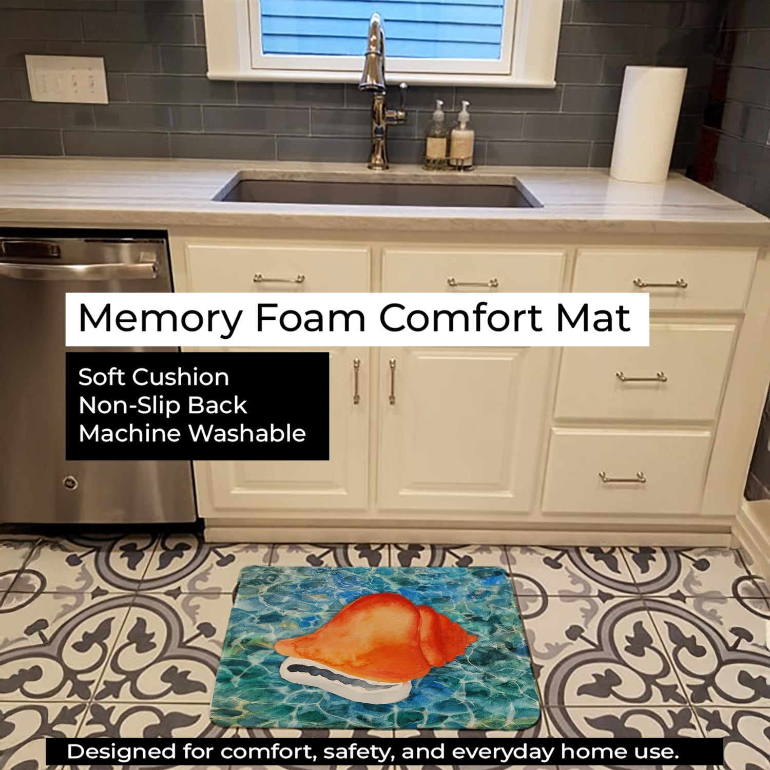 Sea Shell Memory Foam Kitchen Mat Machine Washable Anti-Fatigue Cushion Comfort Bath or Kitchen Rug