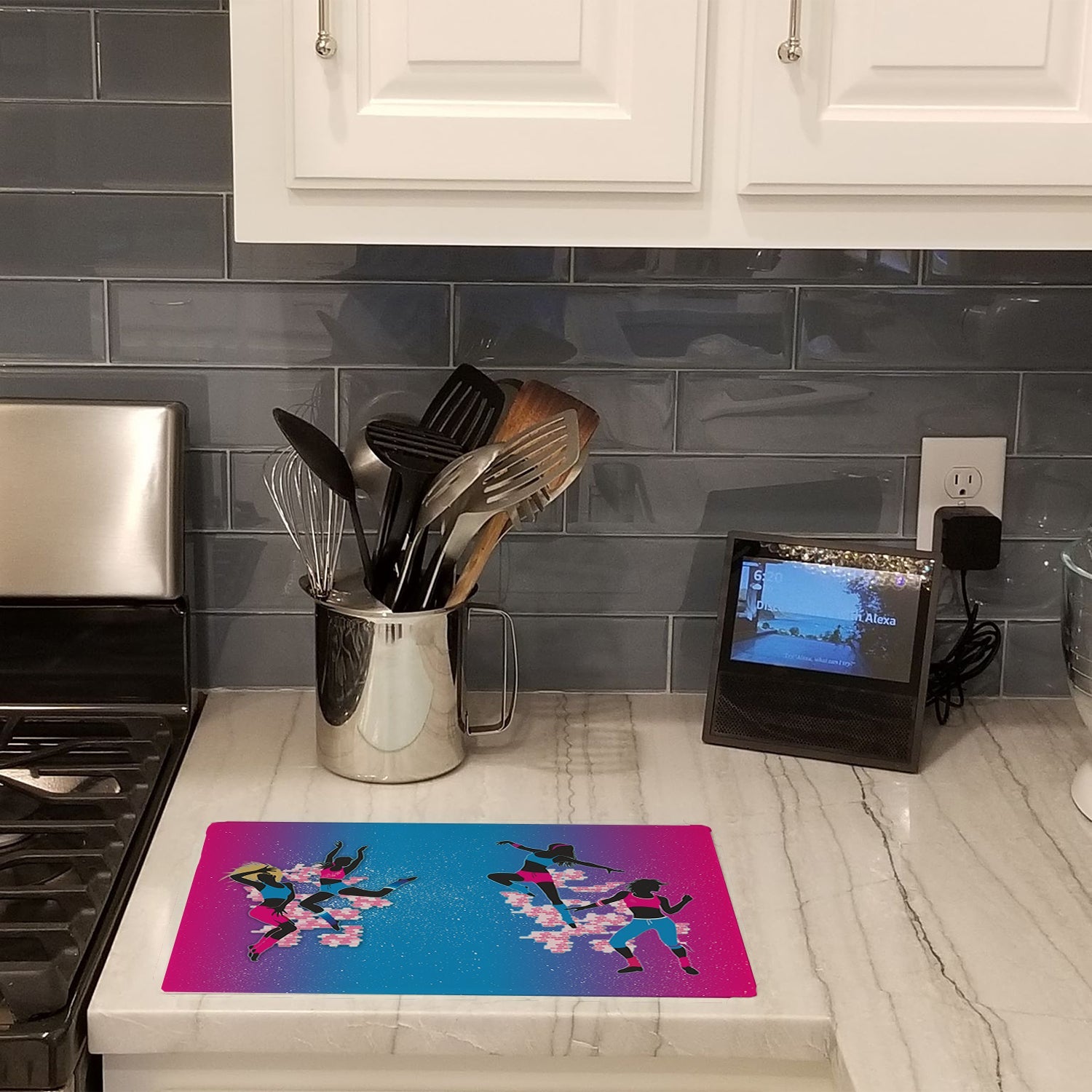 Hip Hop in Pink Blue Cutting Board Tempered Glass Kitchen Cutting Surface, Heat Resistant Chopping, Non-Slip Feet, Food Prep & Serving