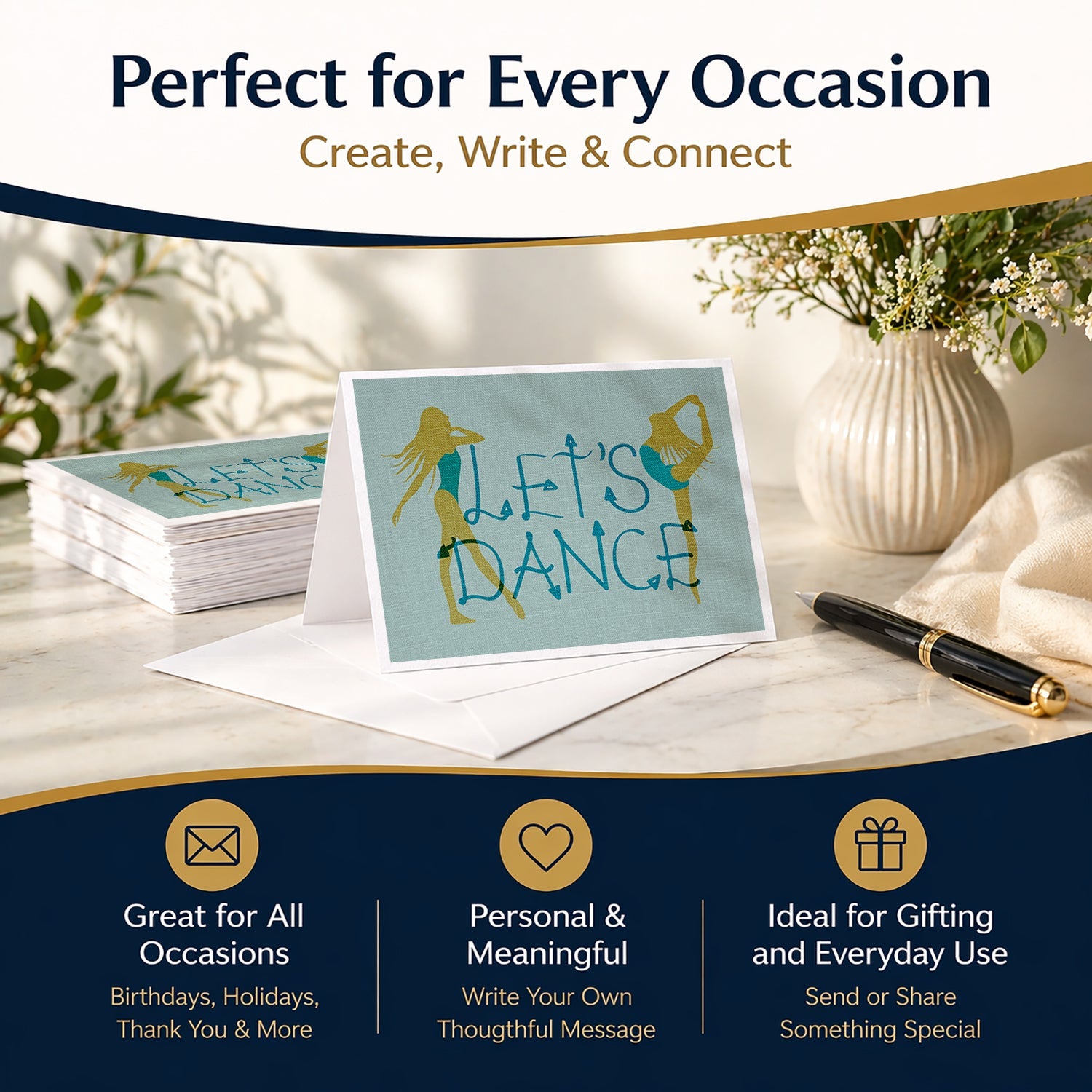 Let's Dance Linen Teal Blank Cards and Envelopes Pack of 8 For Thank You Notes, Invitations & Handwritten Messages