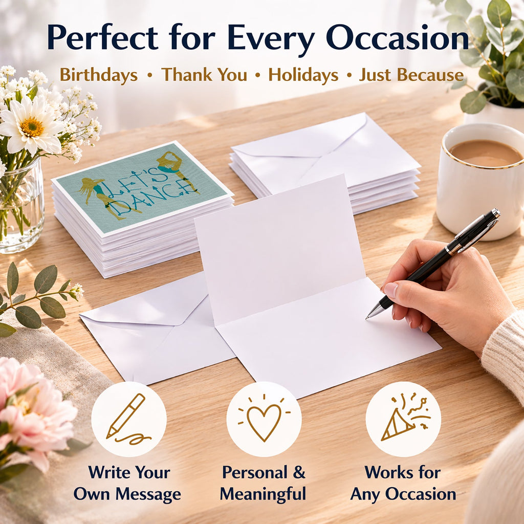 Let's Dance Linen Teal Blank Cards and Envelopes Pack of 8 For Thank You Notes, Invitations & Handwritten Messages