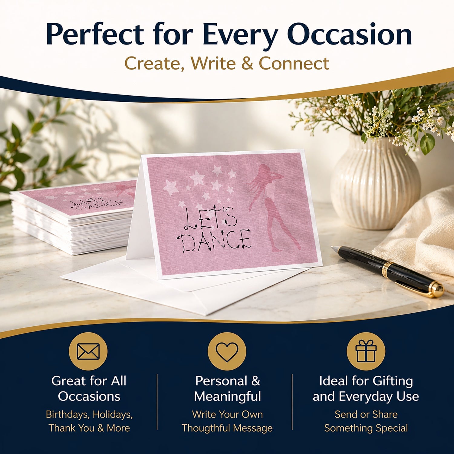 Let's Dance Linen Pink Blank Cards and Envelopes Pack of 8 For Thank You Notes, Invitations & Handwritten Messages