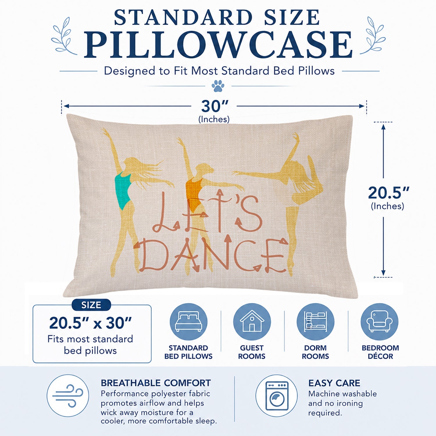 Let's Dance Linen Light Standard Pillowcase Lightweight Super Soft Easy Care Decorative Artwork Pillowcase, Standard
