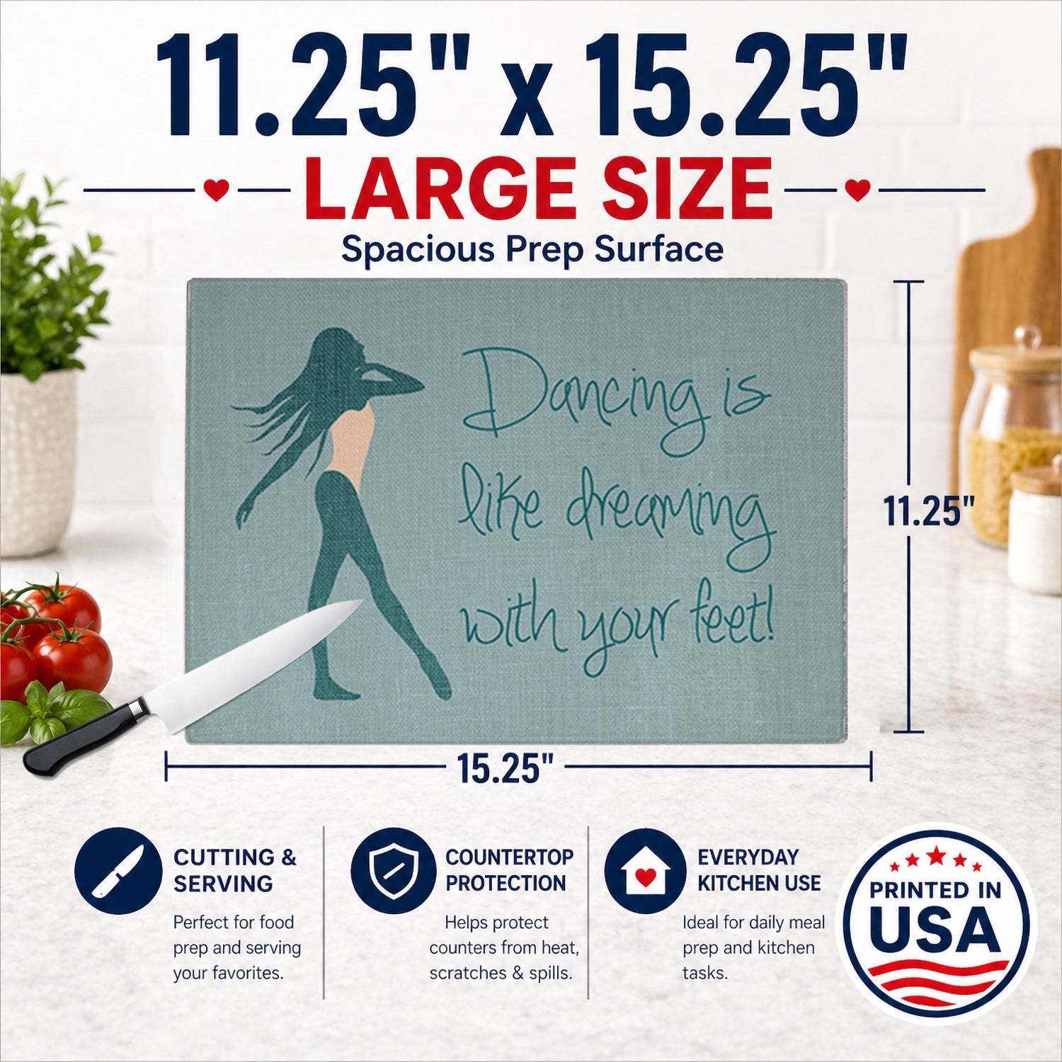 Dancing is Like Dreaming #2 Cutting Board Tempered Glass Kitchen Cutting Surface, Heat Resistant Chopping, Non-Slip Feet, Food Prep & Serving