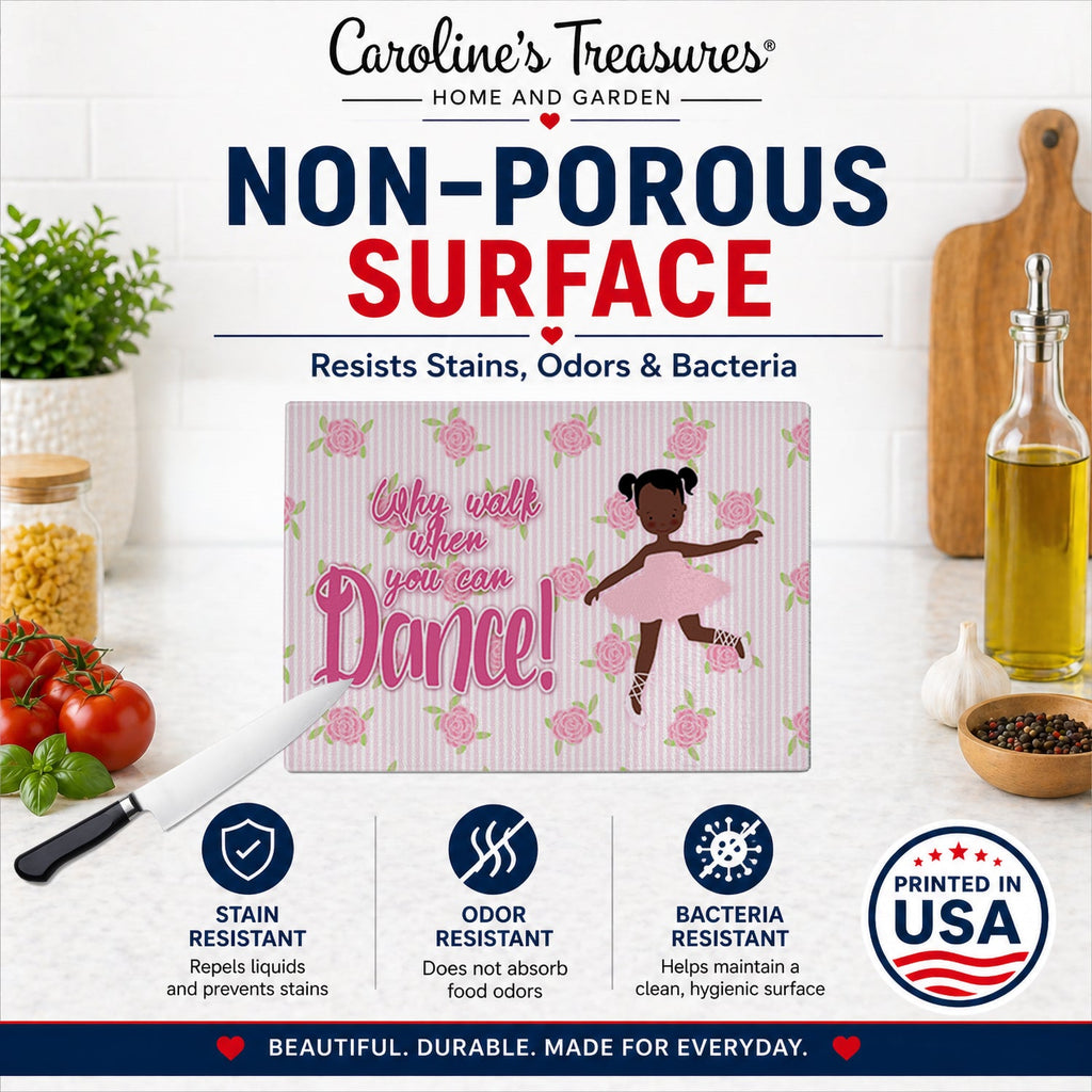 Ballet African American Pigtails Cutting Board Tempered Glass Kitchen Cutting Surface, Heat Resistant Chopping, Non-Slip Feet, Food Prep & Serving