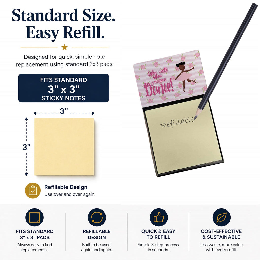 Ballet African American Pigtails Watercolor Sticky Note Holder Refillable Dispenser Desk Accessory 3x3 Pad Gift
