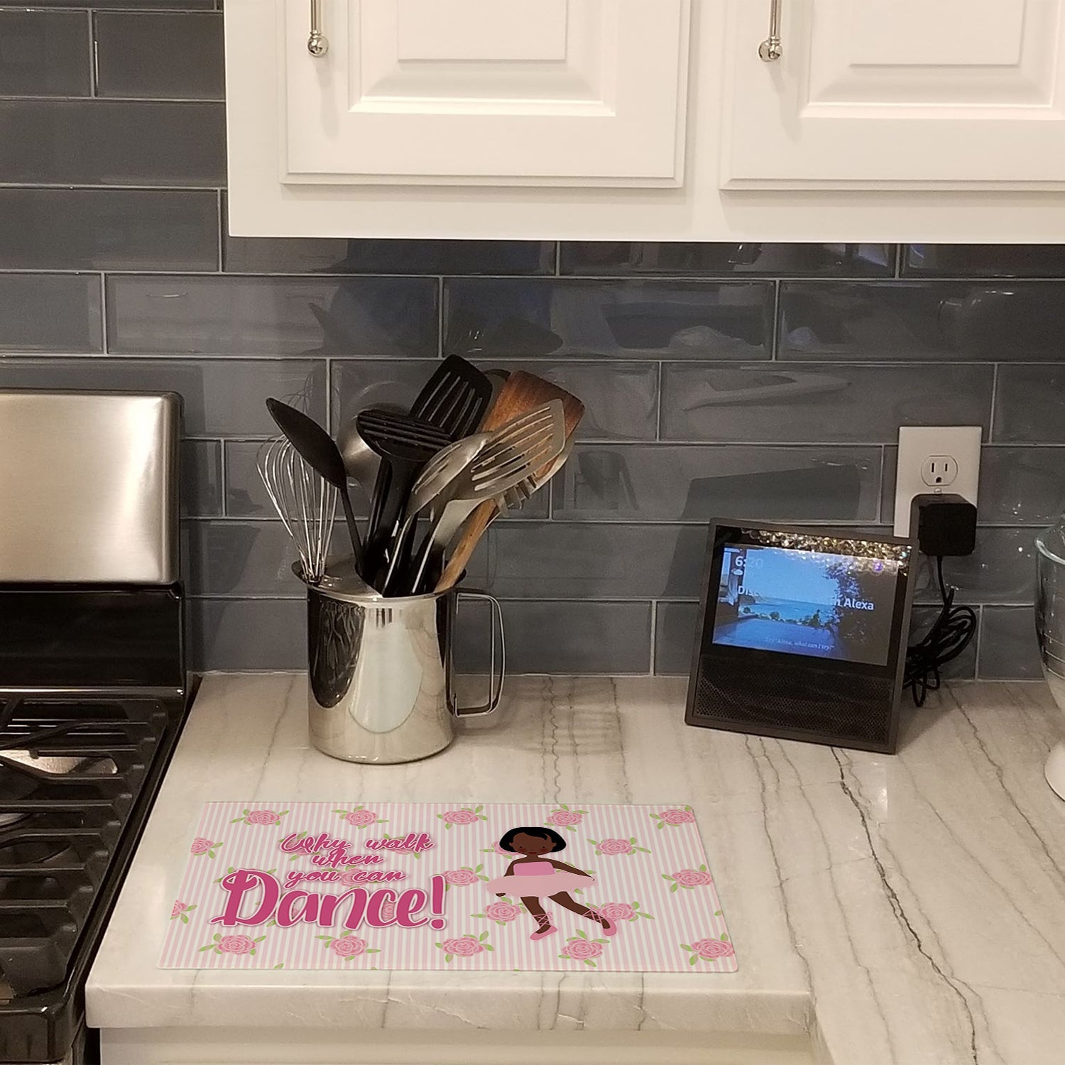 Ballet African American Short Hair Cutting Board Tempered Glass Kitchen Cutting Surface, Heat Resistant Chopping, Non-Slip Feet, Food Prep & Serving