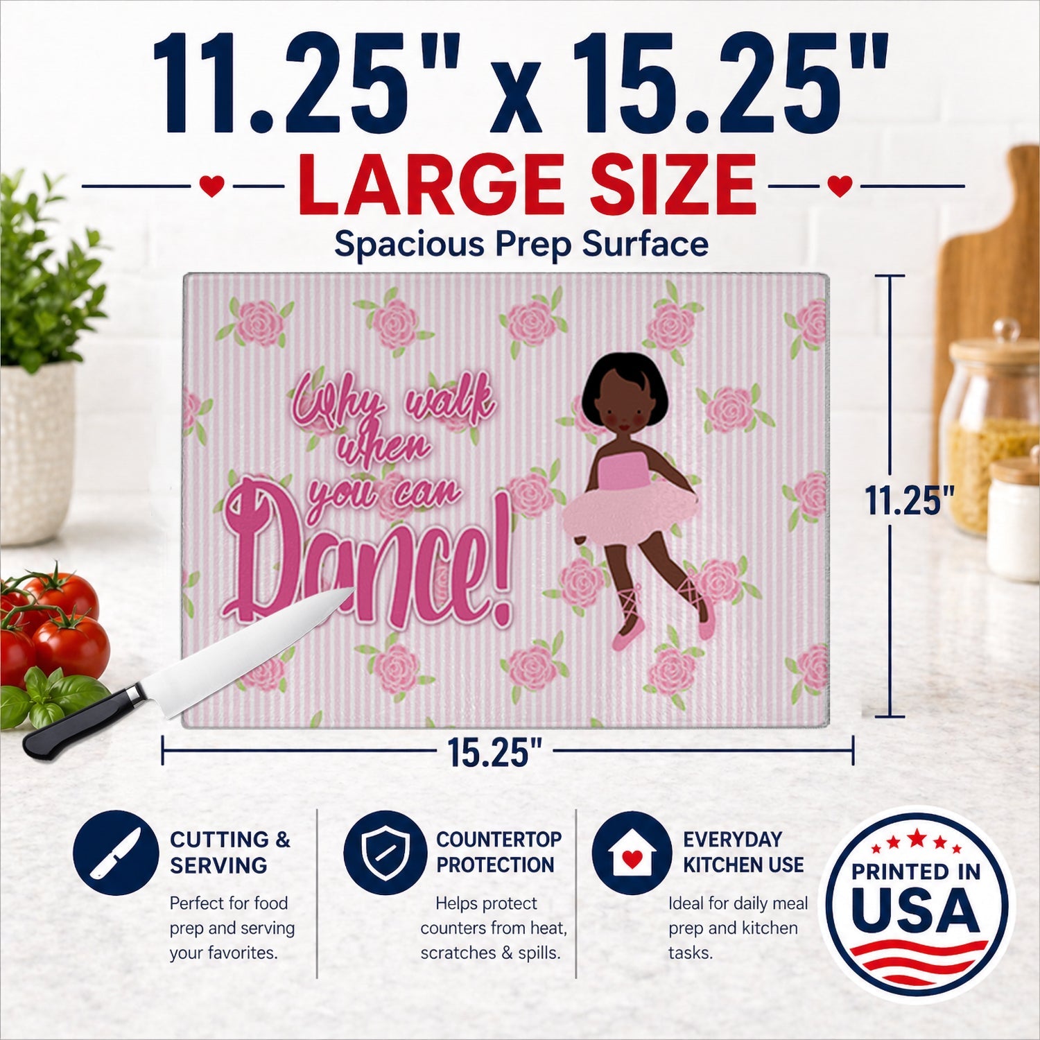 Ballet African American Short Hair Cutting Board Tempered Glass Kitchen Cutting Surface, Heat Resistant Chopping, Non-Slip Feet, Food Prep & Serving