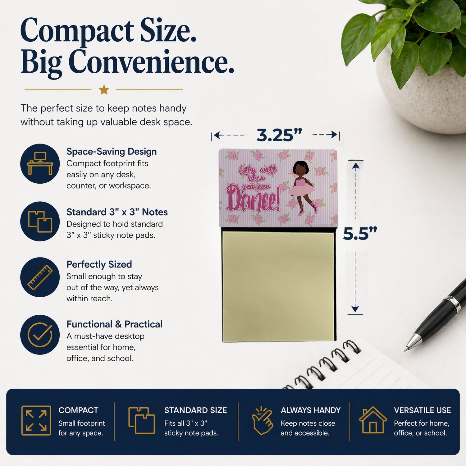 Ballet African American Short Hair Watercolor Sticky Note Holder Refillable Dispenser Desk Accessory 3x3 Pad Gift