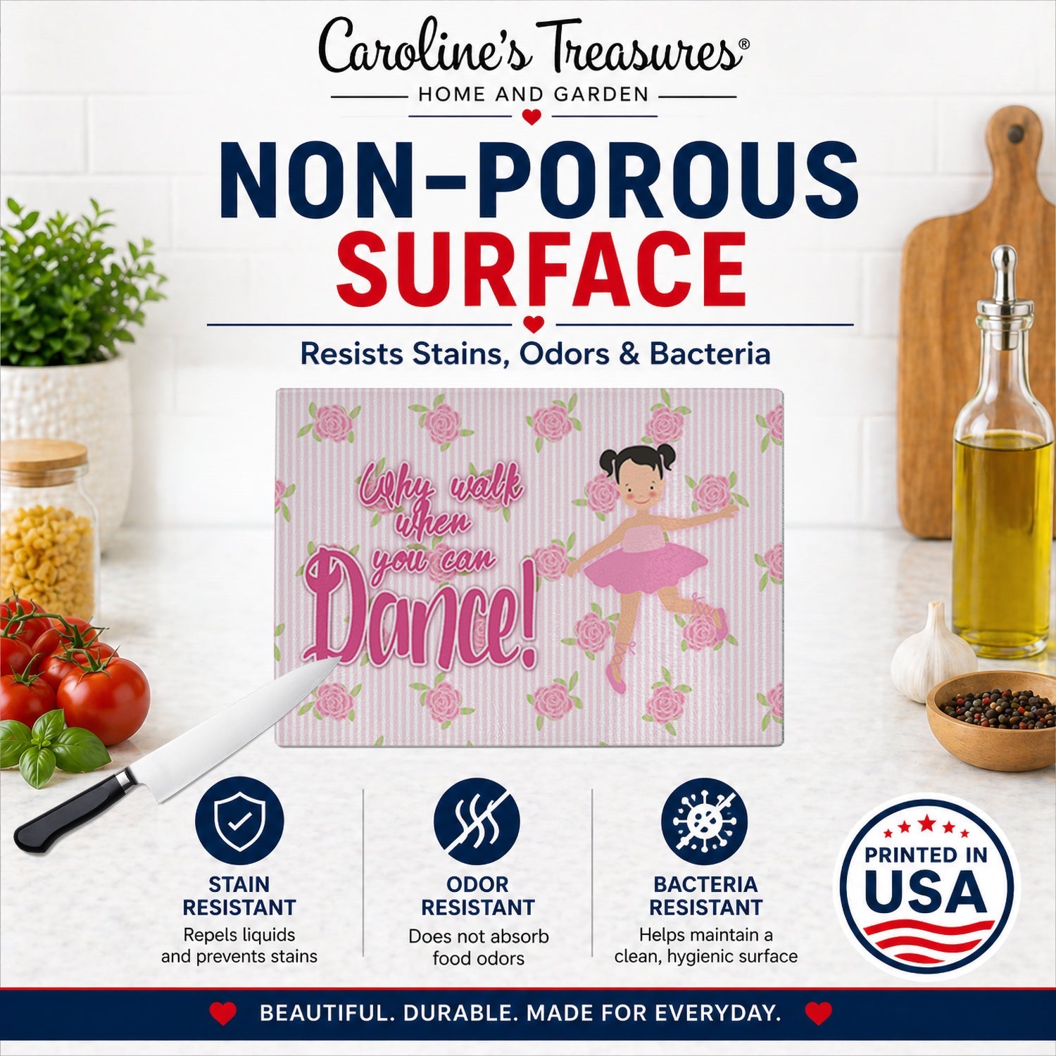 Ballet Pigtails Cutting Board Tempered Glass Kitchen Cutting Surface, Heat Resistant Chopping, Non-Slip Feet, Food Prep & Serving