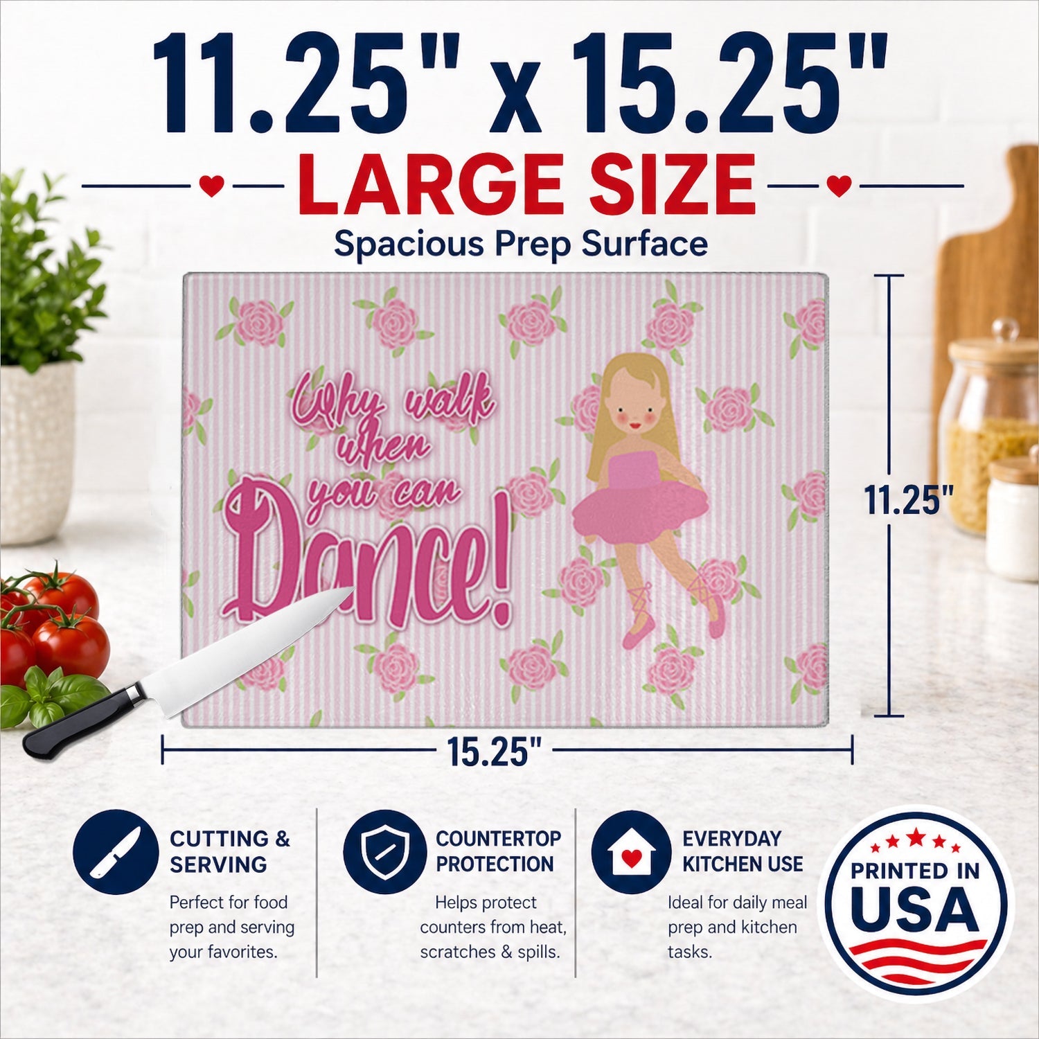 Ballet Long Blonde Hair Cutting Board Tempered Glass Kitchen Cutting Surface, Heat Resistant Chopping, Non-Slip Feet, Food Prep & Serving