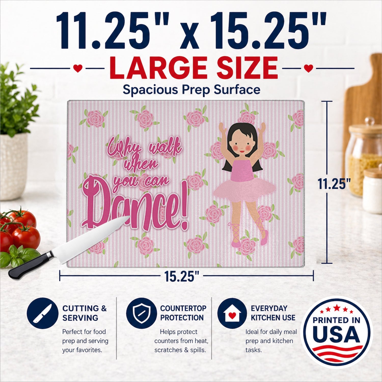 Ballet Long Dark Hair Cutting Board Tempered Glass Kitchen Cutting Surface, Heat Resistant Chopping, Non-Slip Feet, Food Prep & Serving