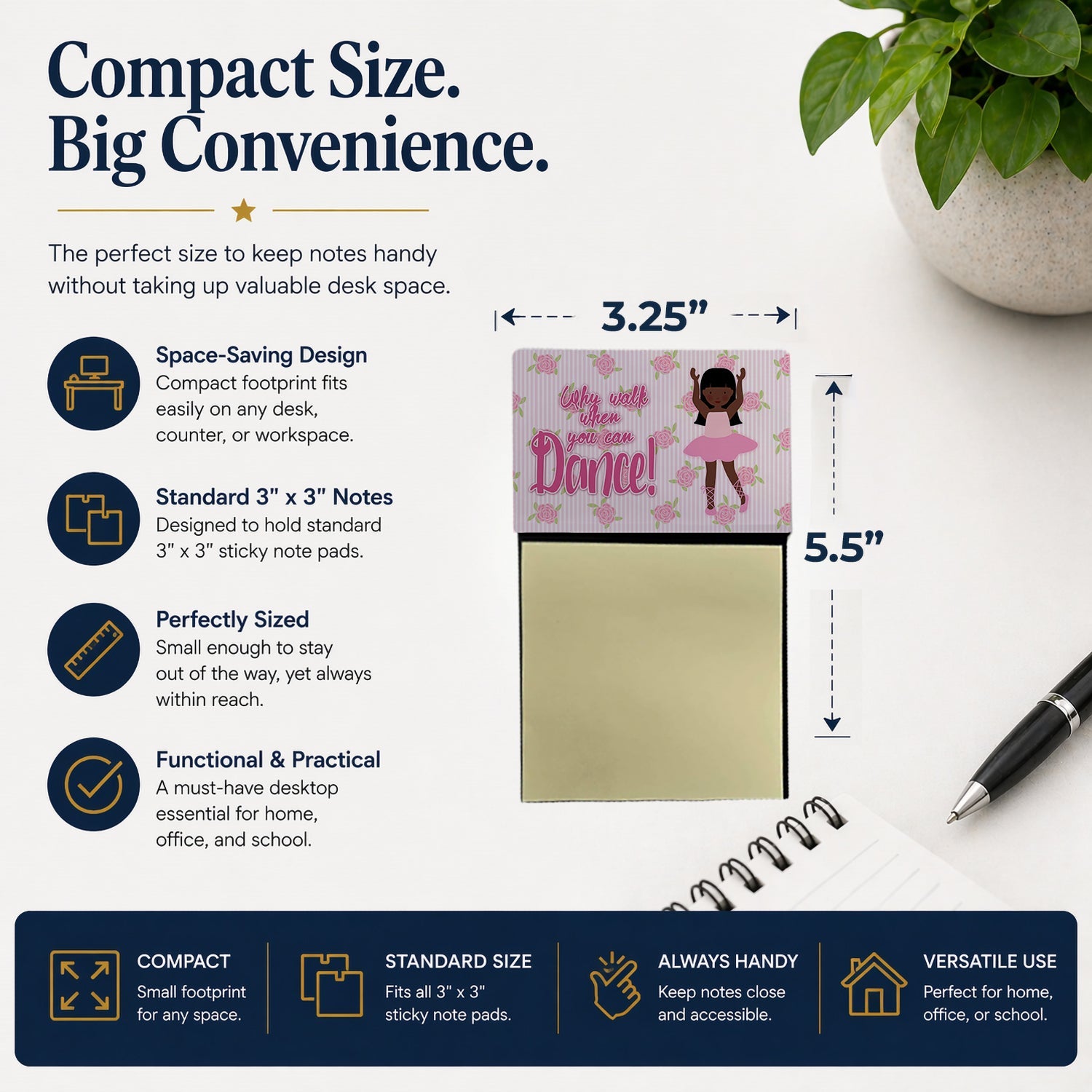 Ballet Long Hair African American Watercolor Sticky Note Holder Refillable Dispenser Desk Accessory 3x3 Pad Gift