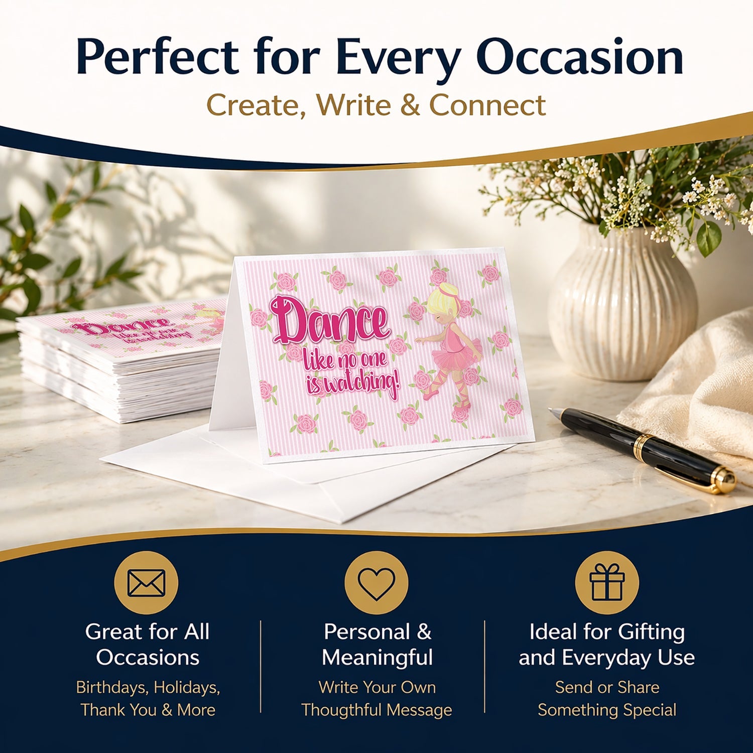 Ballet Dance Blonde Blank Cards and Envelopes Pack of 8 For Thank You Notes, Invitations & Handwritten Messages