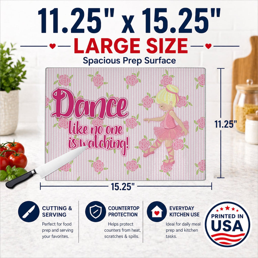 Ballet Dance Blonde Cutting Board Tempered Glass Kitchen Cutting Surface, Heat Resistant Chopping, Non-Slip Feet, Food Prep & Serving
