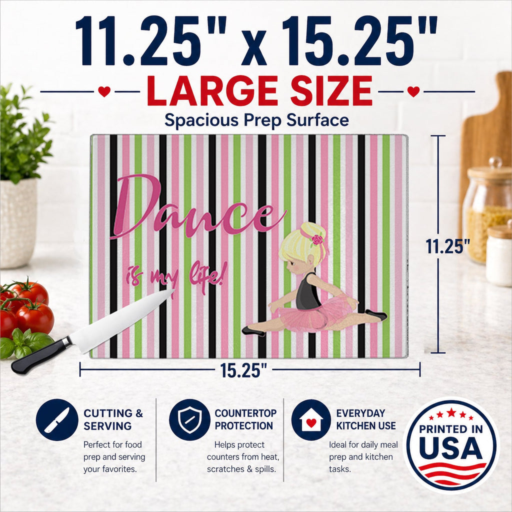 Ballet Dance is my Life Blonde Cutting Board Tempered Glass Kitchen Cutting Surface, Heat Resistant Chopping, Non-Slip Feet, Food Prep & Serving