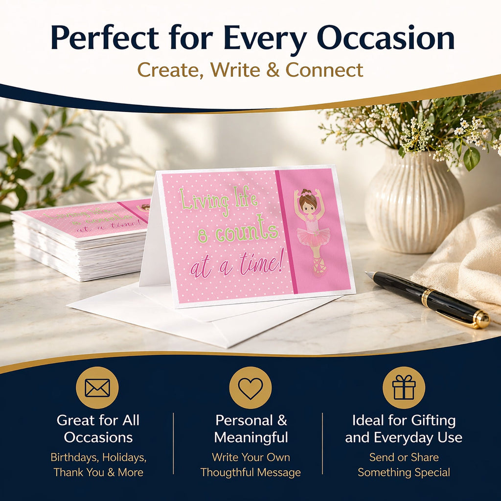 Ballet in 8 Counts Brunette Blank Cards and Envelopes Pack of 8 For Thank You Notes, Invitations & Handwritten Messages