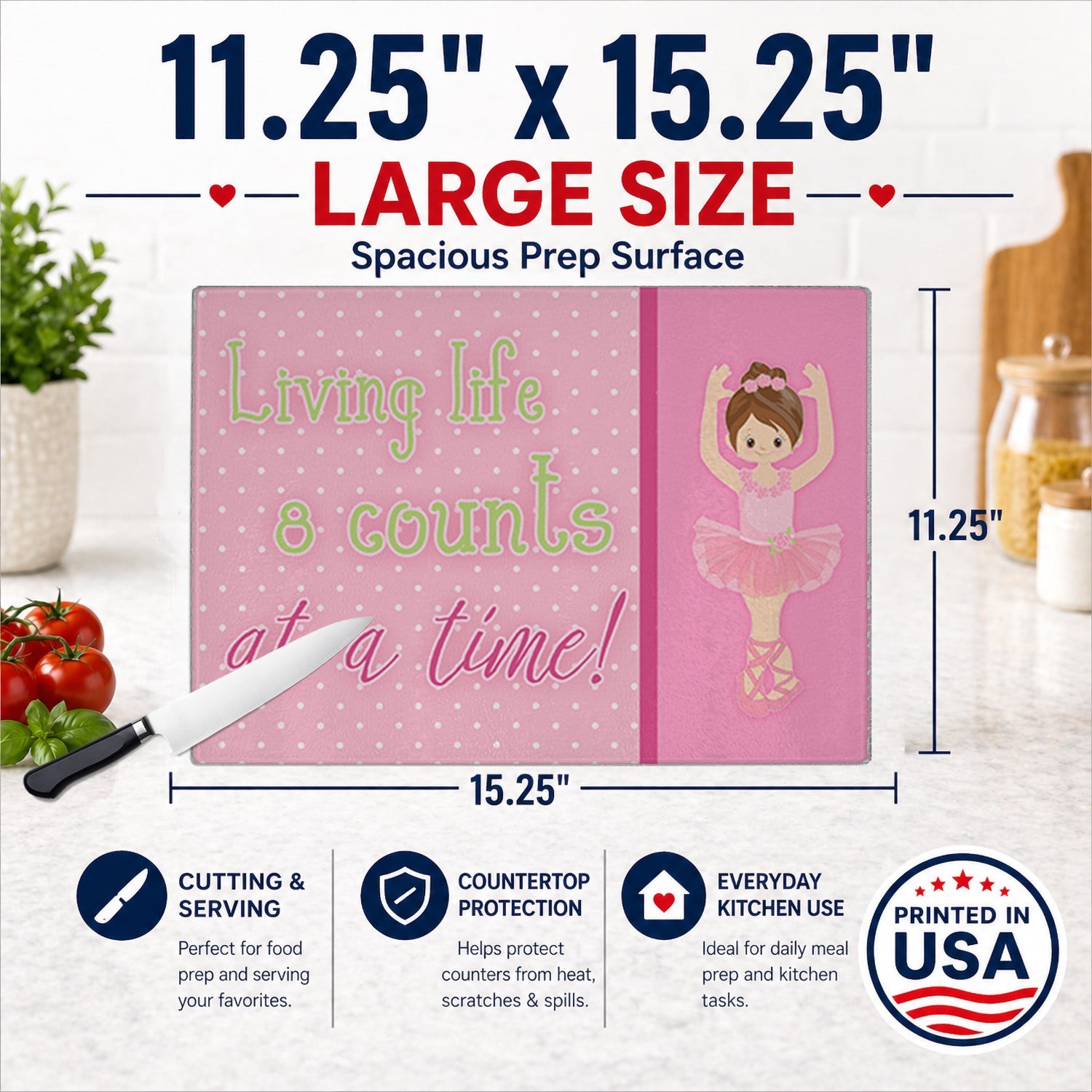 Ballet in 8 Counts Brunette Cutting Board Tempered Glass Kitchen Cutting Surface, Heat Resistant Chopping, Non-Slip Feet, Food Prep & Serving
