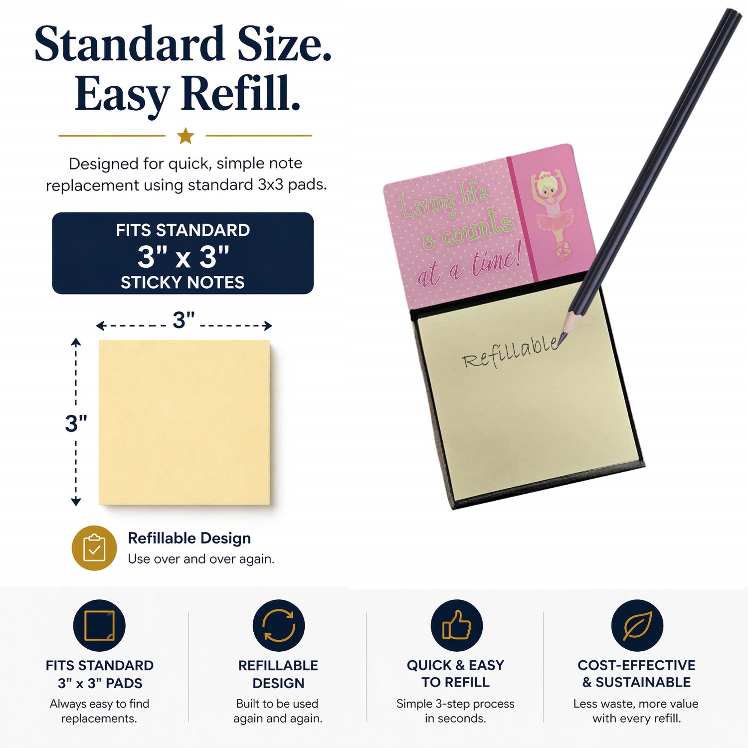 Ballet in 8 Counts Blonde Watercolor Sticky Note Holder Refillable Dispenser Desk Accessory 3x3 Pad Gift
