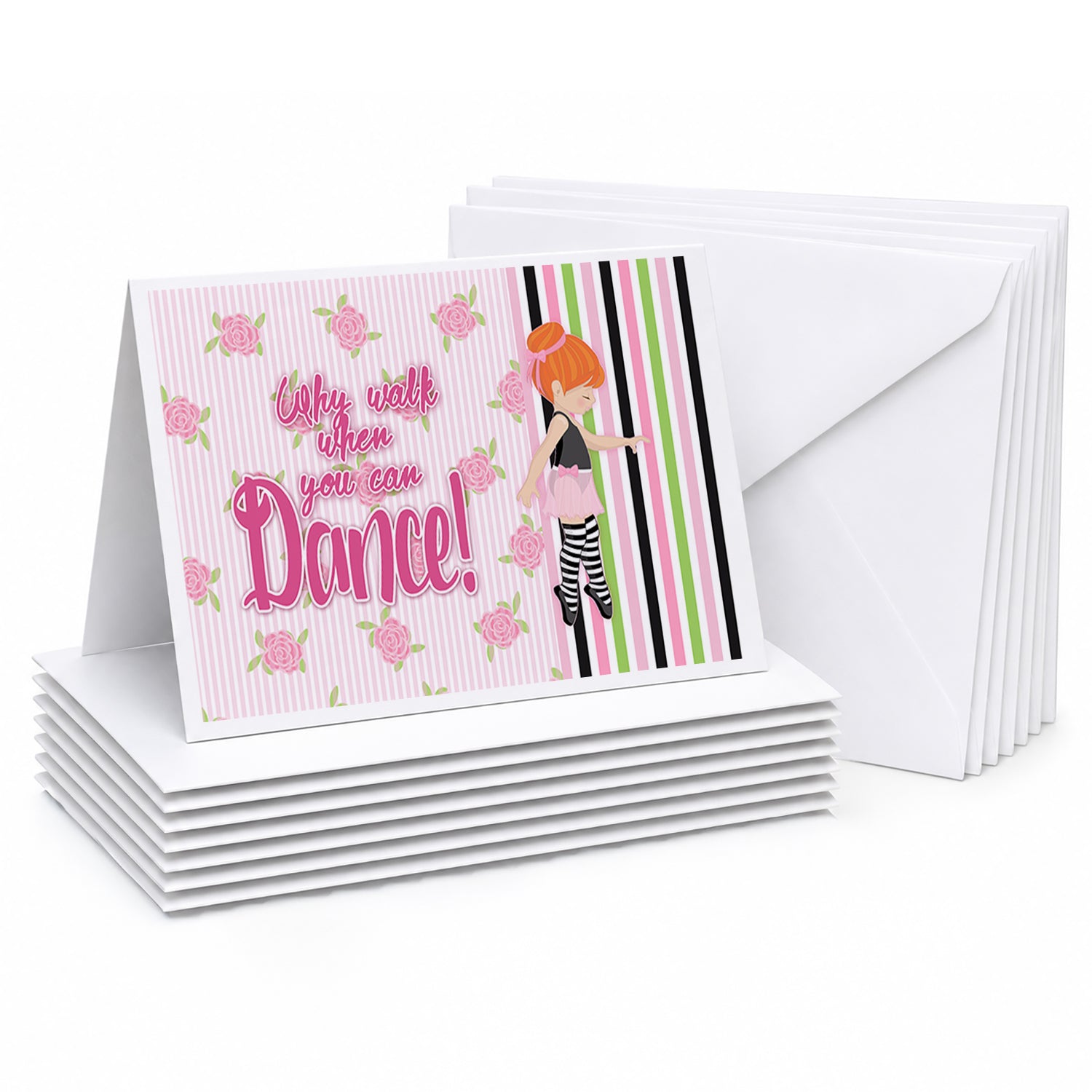 Ballet Dance Stripes Red Hair Blank Cards and Envelopes Pack of 8 For Thank You Notes, Invitations & Handwritten Messages