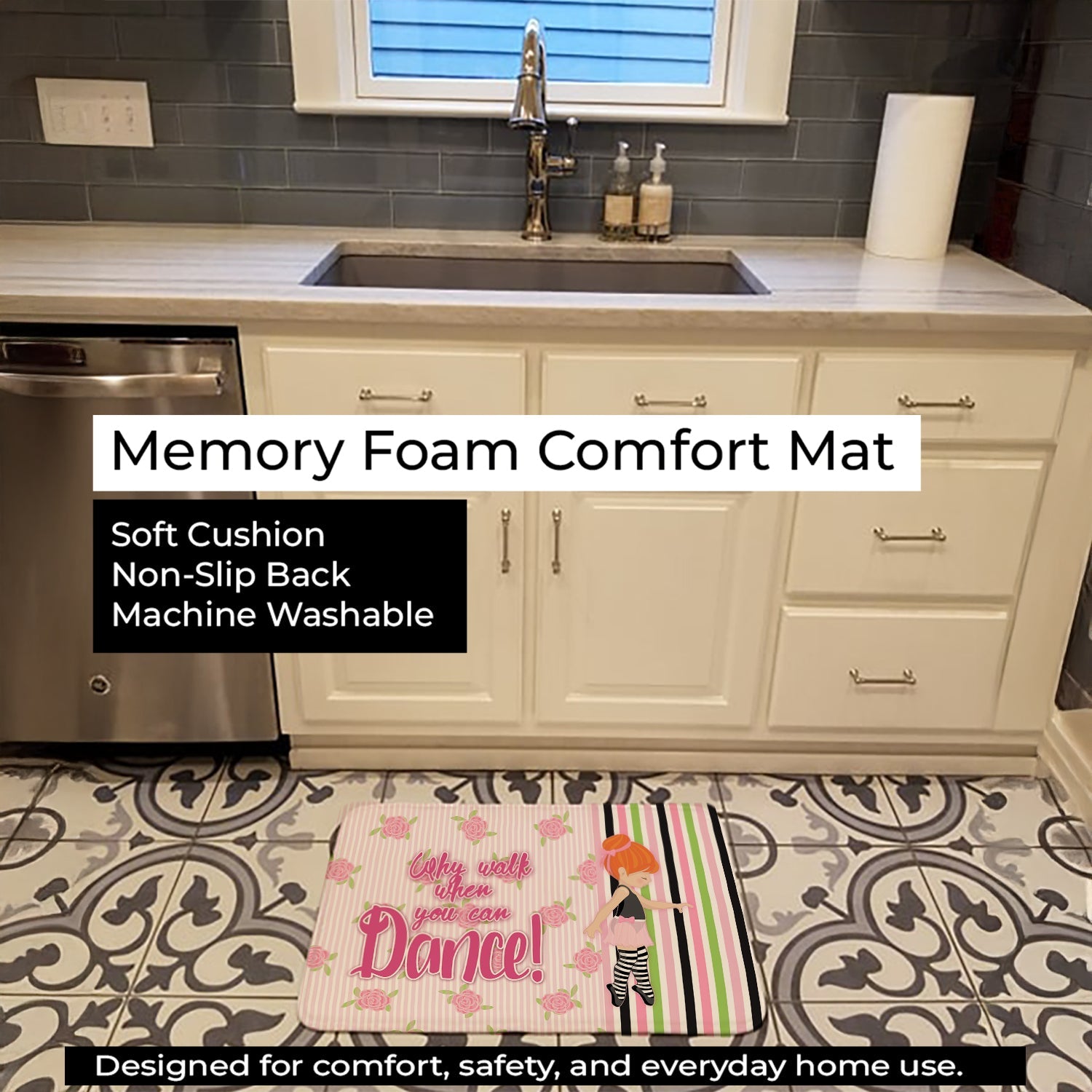 Ballet Dance Stripes Red Hair Memory Foam Kitchen Mat Machine Washable Anti-Fatigue Cushion Comfort Bath or Kitchen Rug