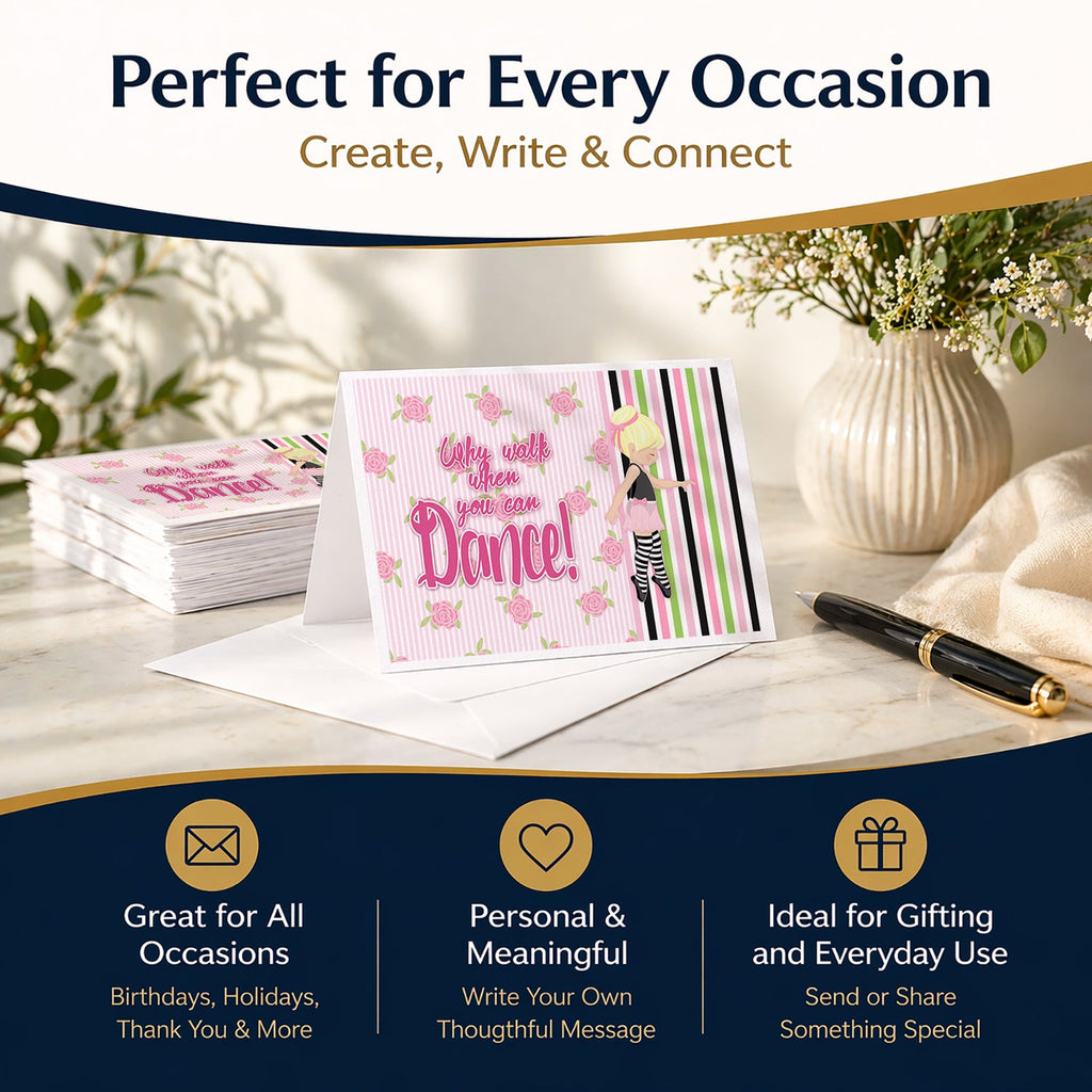 Ballet Dance Stripes Blonde Blank Cards and Envelopes Pack of 8 For Thank You Notes, Invitations & Handwritten Messages