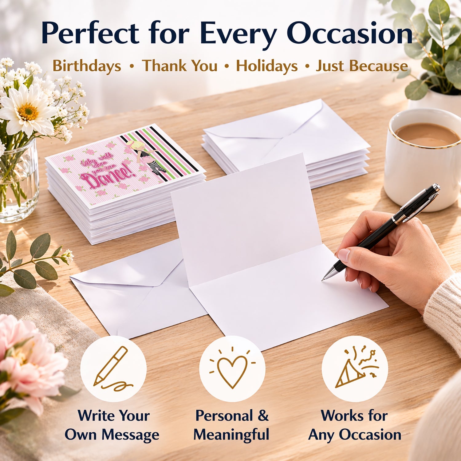 Ballet Dance Stripes Blonde Blank Cards and Envelopes Pack of 8 For Thank You Notes, Invitations & Handwritten Messages