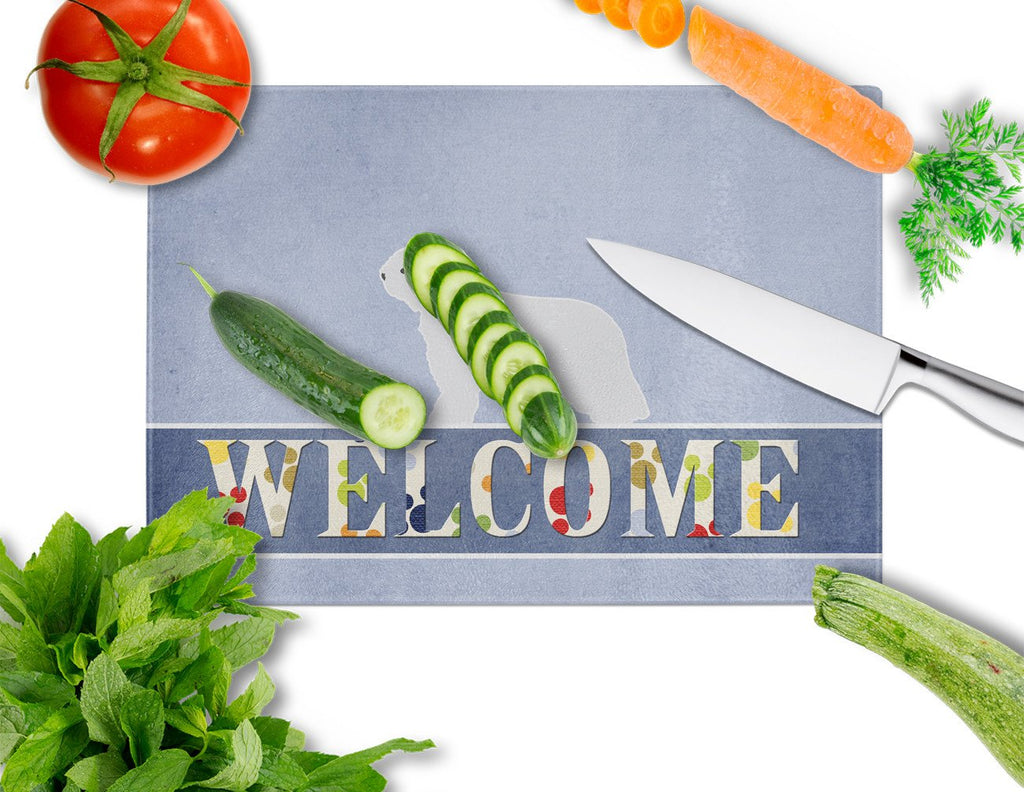 Spanish Water Dog Welcome Cutting Board Tempered Glass Kitchen Cutting Surface, Heat Resistant Chopping, Non-Slip Feet, Food Prep & Serving