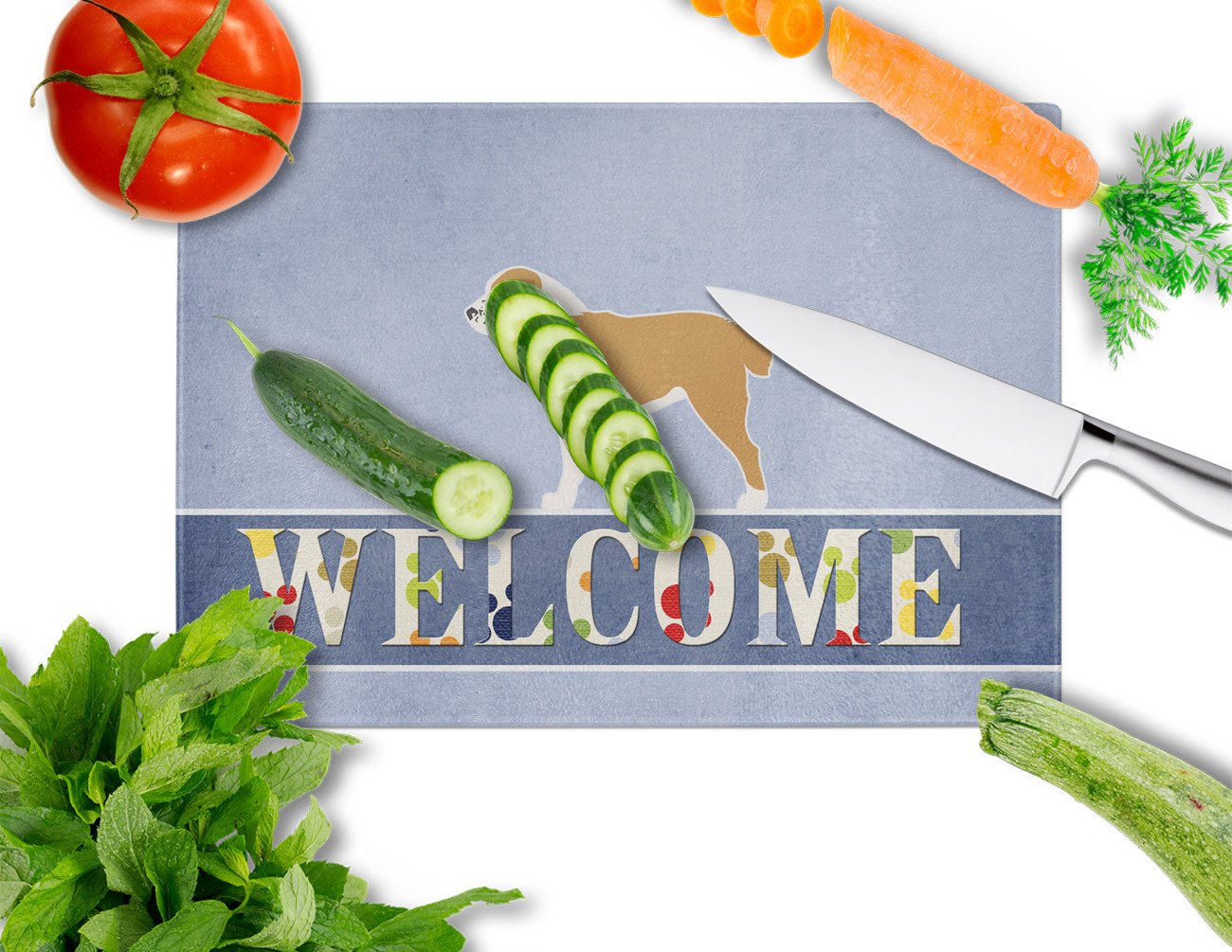 Central Asian Shepherd Dog Welcome Cutting Board Tempered Glass Kitchen Cutting Surface, Heat Resistant Chopping, Non-Slip Feet, Food Prep & Serving