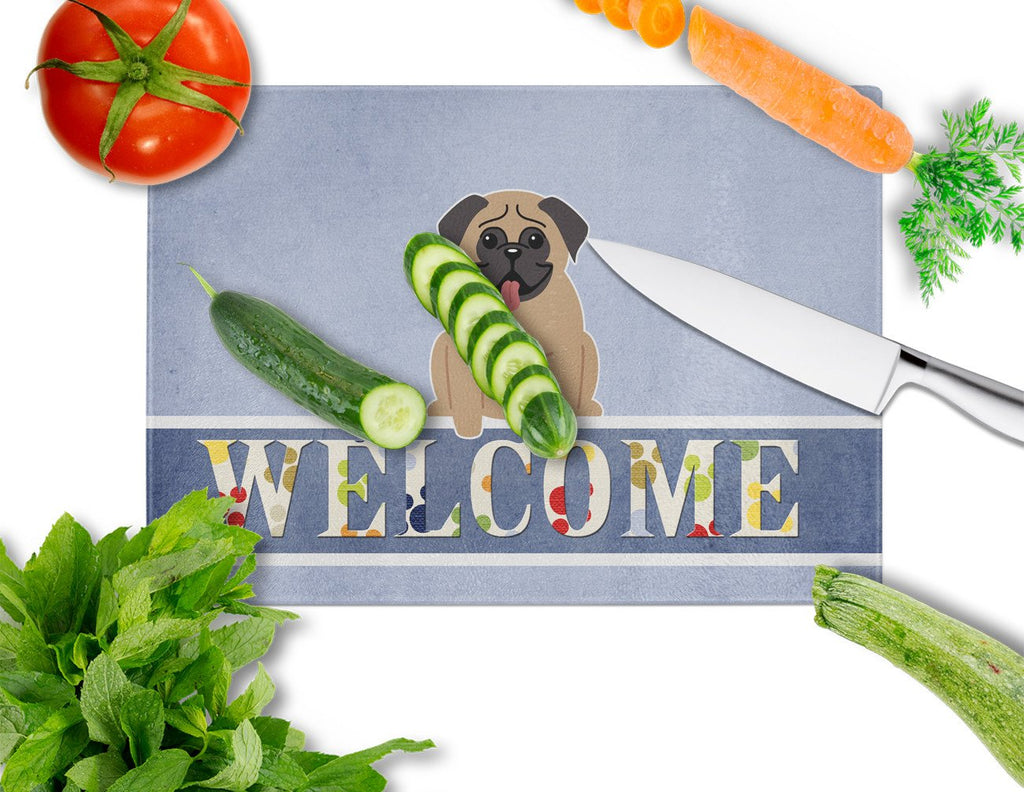 Pug Brown Welcome Cutting Board Tempered Glass Kitchen Cutting Surface, Heat Resistant Chopping, Non-Slip Feet, Food Prep & Serving