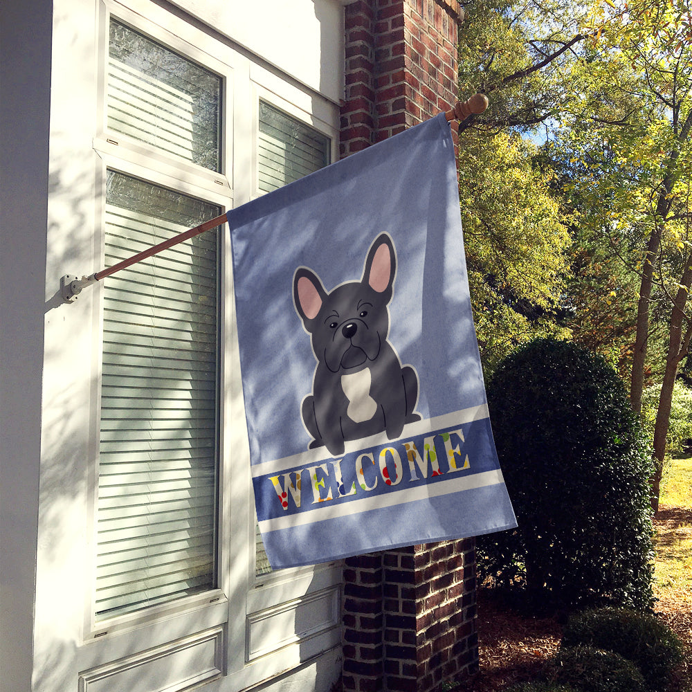 French Bulldog Black Welcome House Flag 28x40 Porch Sleeve Pole Decorative Outside Yard Banner Artwork Wall Hanging, Polyester
