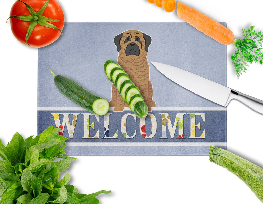 Mastiff Brindle Welcome Cutting Board Tempered Glass Kitchen Cutting Surface, Heat Resistant Chopping, Non-Slip Feet, Food Prep & Serving
