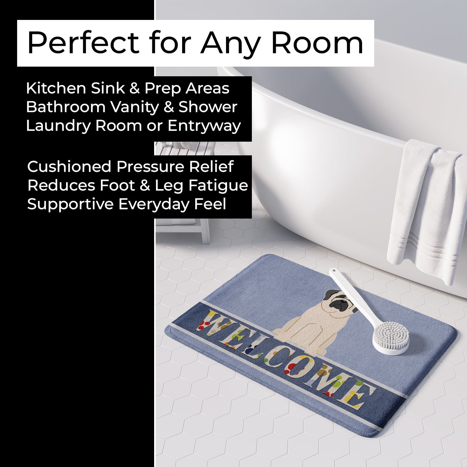 Mastiff White Welcome Memory Foam Kitchen Mat Machine Washable Anti-Fatigue Cushion Comfort Bath or Kitchen Rug