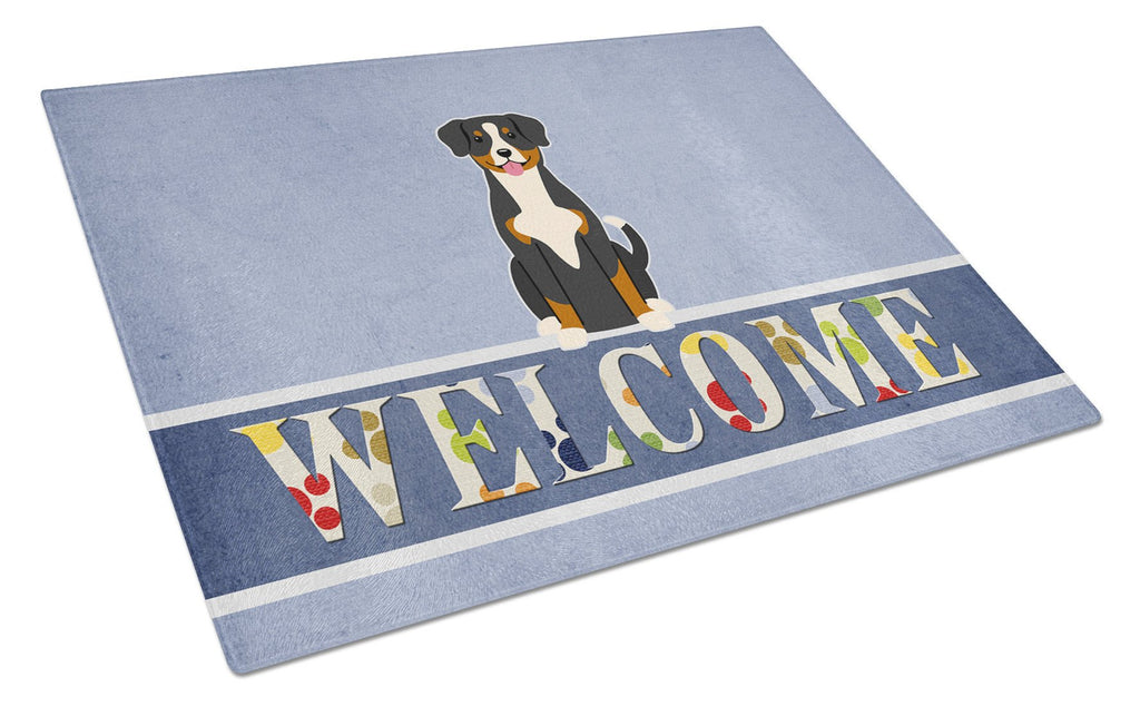 Entlebucher Welcome Cutting Board Tempered Glass Kitchen Cutting Surface, Heat Resistant Chopping, Non-Slip Feet, Food Prep & Serving