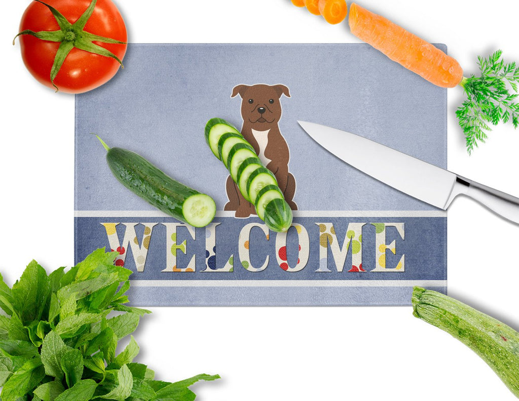 Staffordshire Bull Terrier Chocolate Welcome Cutting Board Tempered Glass Kitchen Cutting Surface, Heat Resistant Chopping, Non-Slip Feet, Food Prep & Serving