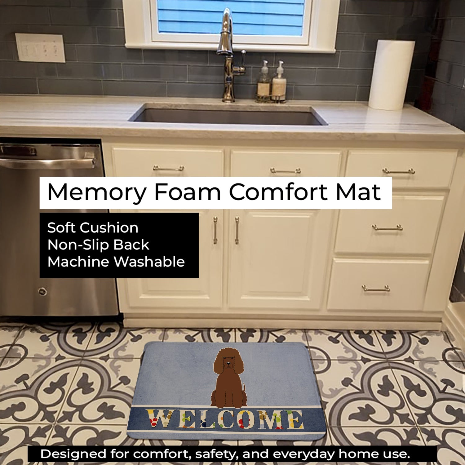 Irish Water Spaniel Welcome Memory Foam Kitchen Mat Machine Washable Anti-Fatigue Cushion Comfort Bath or Kitchen Rug