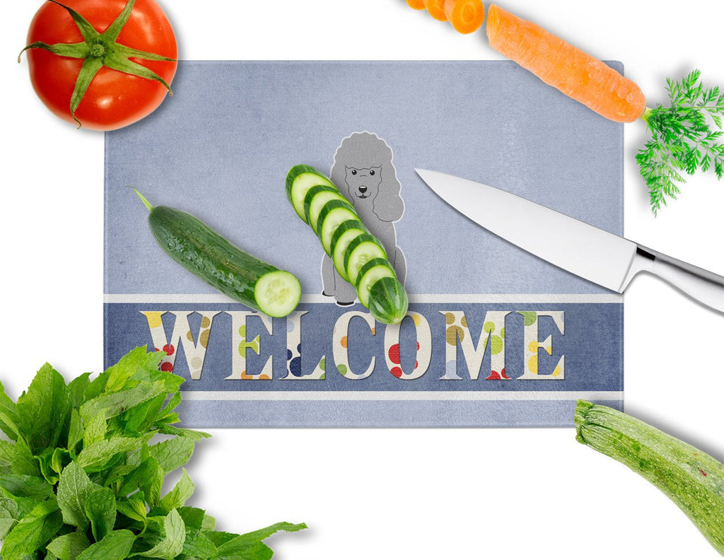 Poodle Silver Welcome Cutting Board Tempered Glass Kitchen Cutting Surface, Heat Resistant Chopping, Non-Slip Feet, Food Prep & Serving