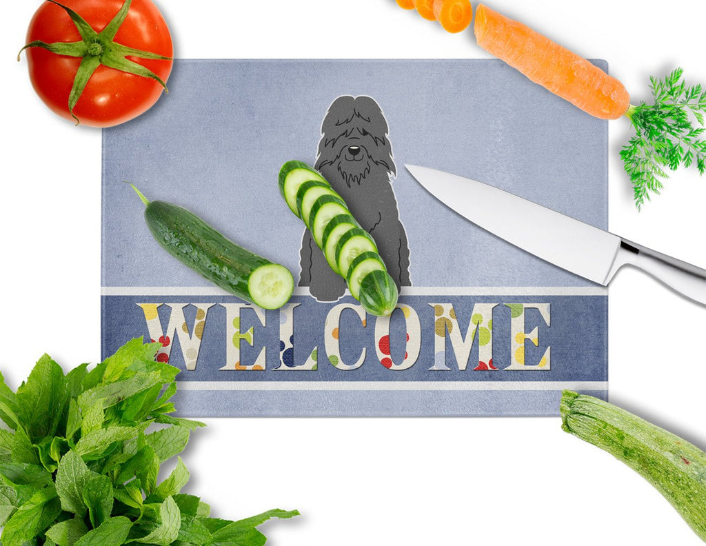 Bouvier des Flandres Welcome Cutting Board Tempered Glass Kitchen Cutting Surface, Heat Resistant Chopping, Non-Slip Feet, Food Prep & Serving