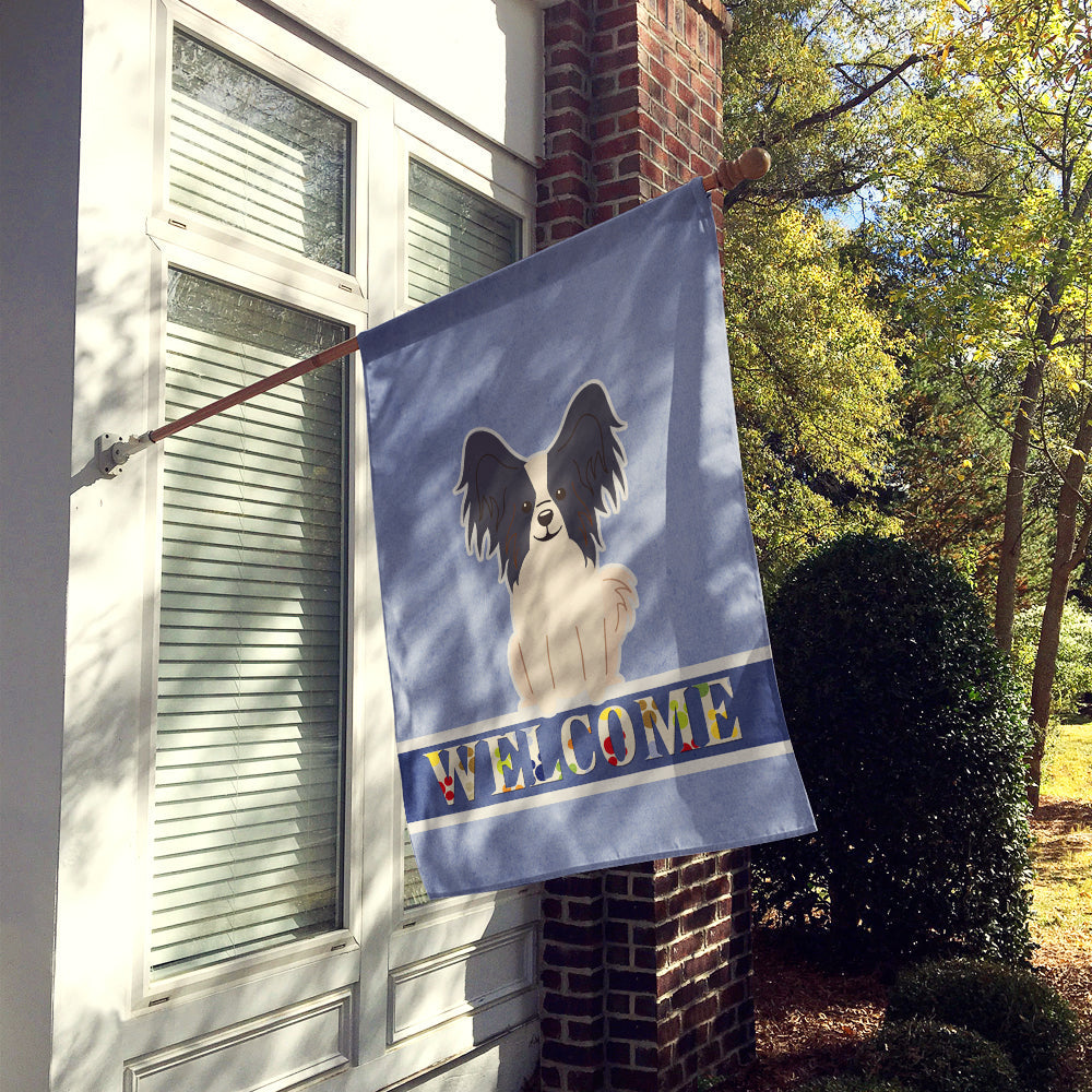 Papillon Black White Welcome House Flag 28x40 Porch Sleeve Pole Decorative Outside Yard Banner Artwork Wall Hanging, Polyester