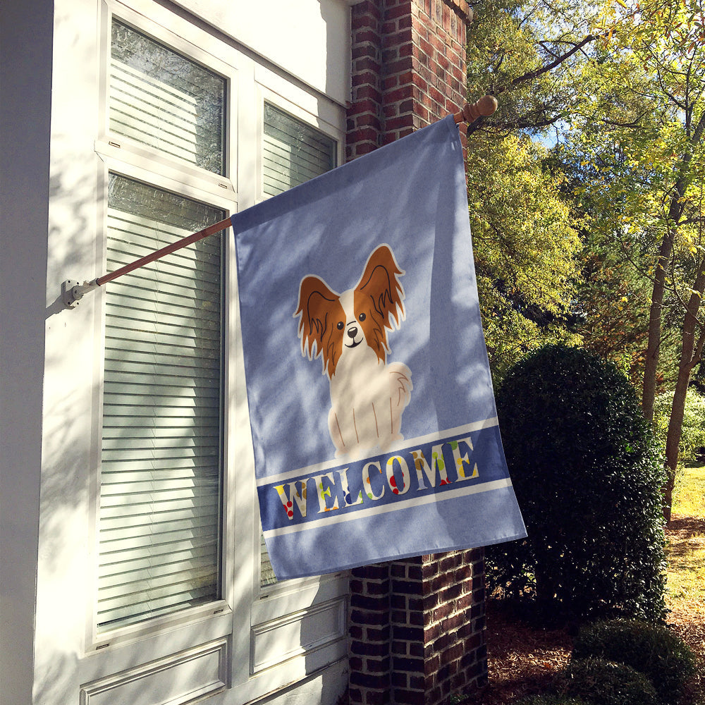 Papillon Red White Welcome House Flag 28x40 Porch Sleeve Pole Decorative Outside Yard Banner Artwork Wall Hanging, Polyester