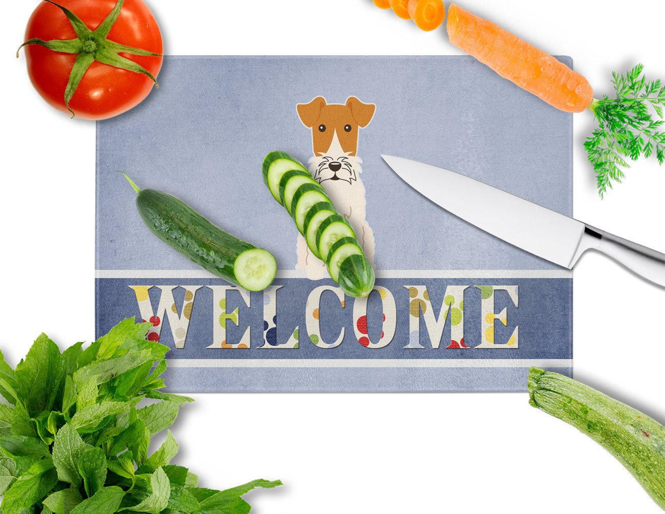 Wire Fox Terrier Welcome Cutting Board Tempered Glass Kitchen Cutting Surface, Heat Resistant Chopping, Non-Slip Feet, Food Prep & Serving