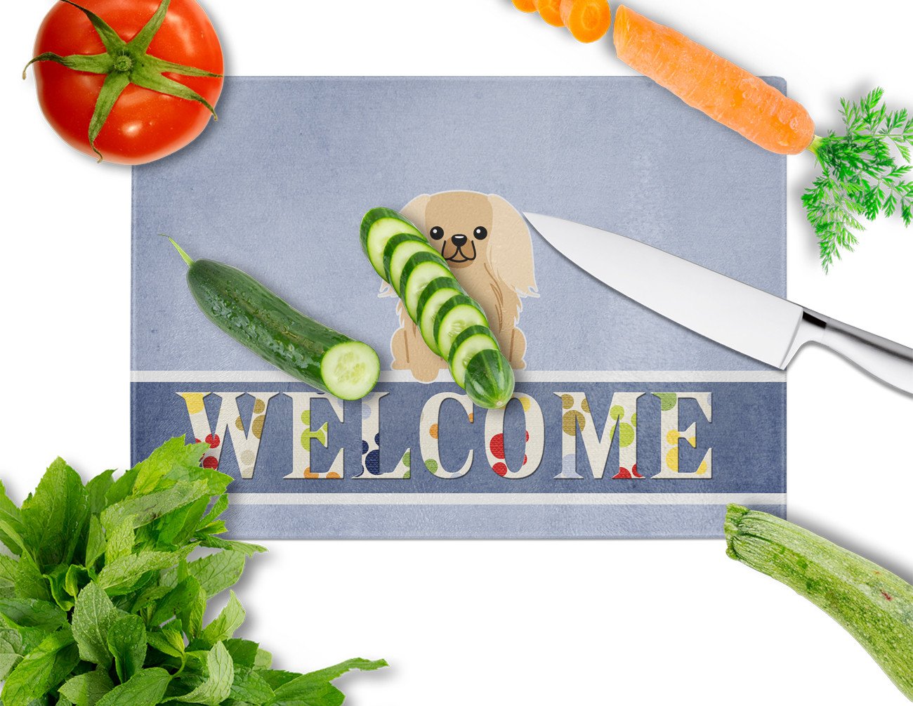 Pekingese Fawn Sable Welcome Cutting Board Tempered Glass Kitchen Cutting Surface, Heat Resistant Chopping, Non-Slip Feet, Food Prep & Serving