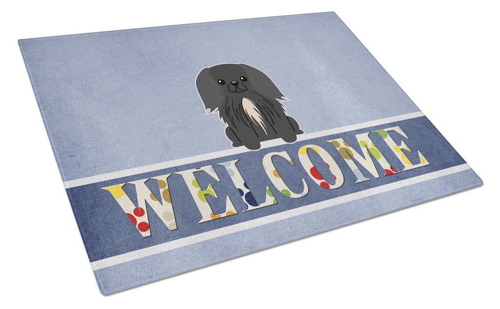 Pekingese Black Welcome Cutting Board Tempered Glass Kitchen Cutting Surface, Heat Resistant Chopping, Non-Slip Feet, Food Prep & Serving