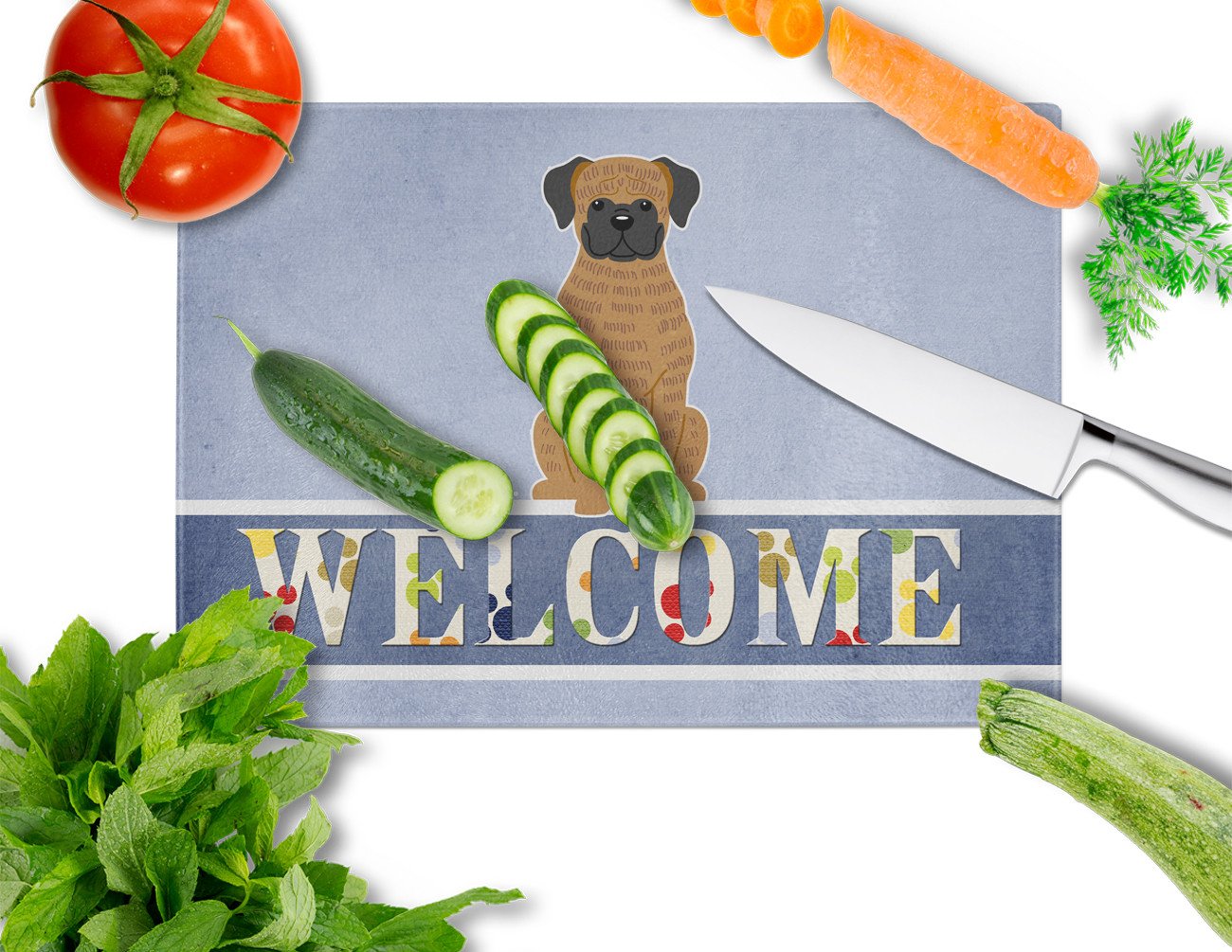 Brindle Boxer Welcome Cutting Board Tempered Glass Kitchen Cutting Surface, Heat Resistant Chopping, Non-Slip Feet, Food Prep & Serving
