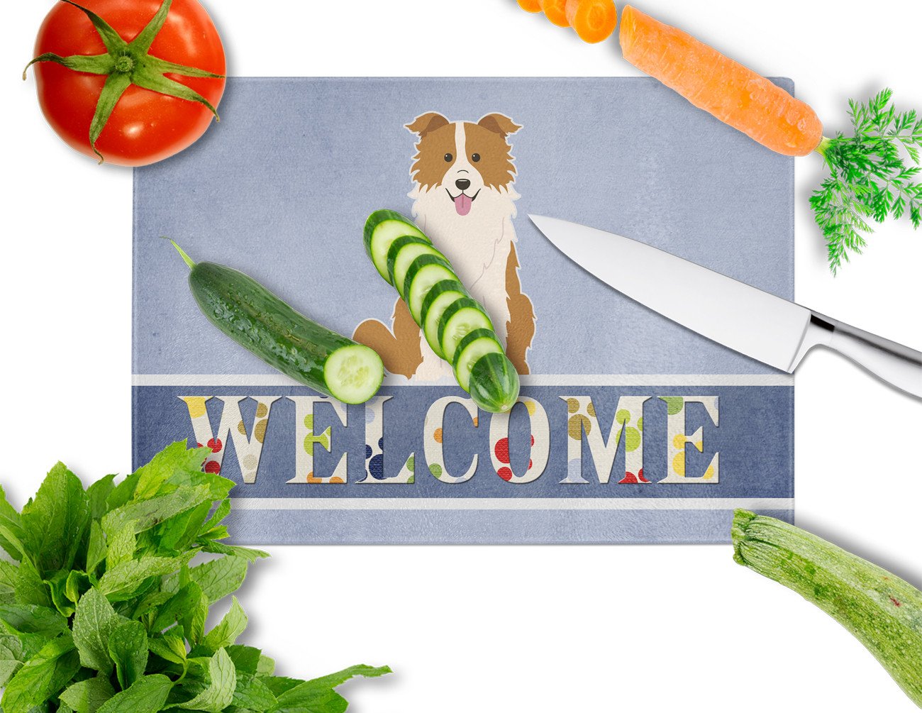 Border Collie Red White Welcome Cutting Board Tempered Glass Kitchen Cutting Surface, Heat Resistant Chopping, Non-Slip Feet, Food Prep & Serving