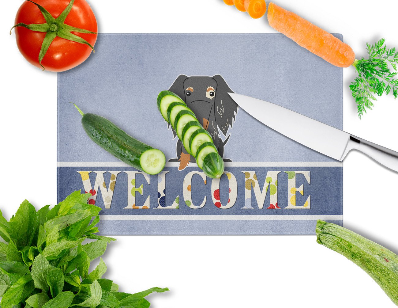 Wire Haired Dachshund Dapple Welcome Cutting Board Tempered Glass Kitchen Cutting Surface, Heat Resistant Chopping, Non-Slip Feet, Food Prep & Serving