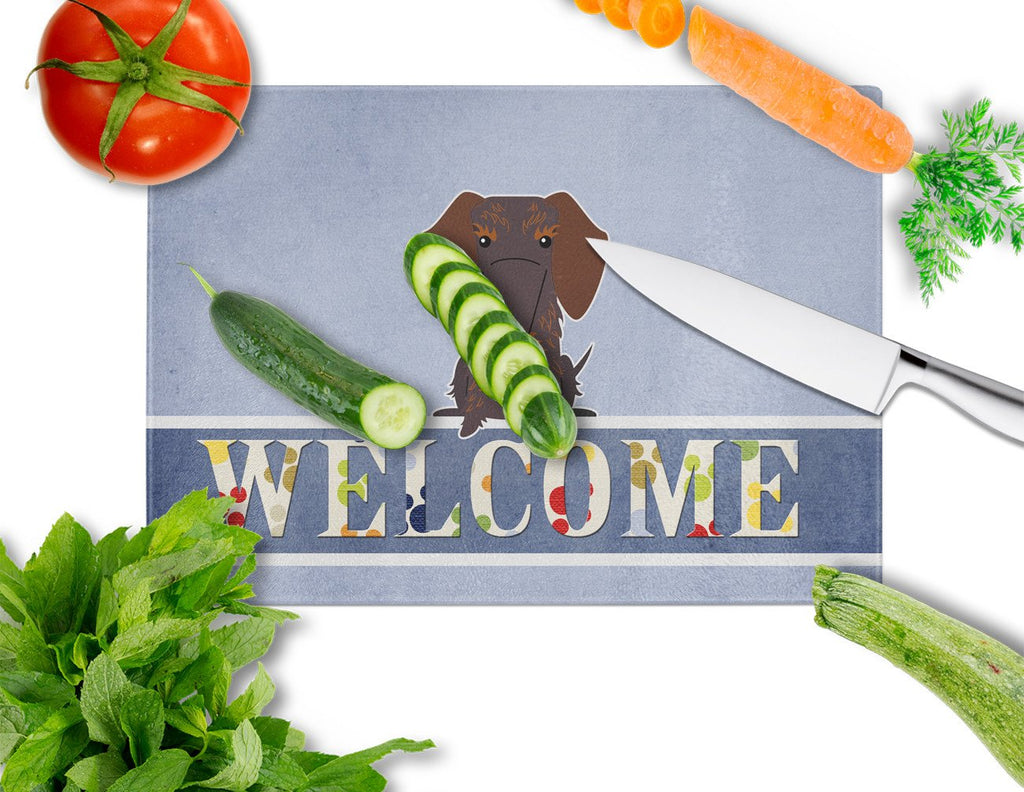 Wire Haired Dachshund Chocolate Welcome Cutting Board Tempered Glass Kitchen Cutting Surface, Heat Resistant Chopping, Non-Slip Feet, Food Prep & Serving